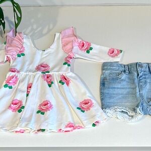 Toddler Girl Spring Clothes Floral Dress & Denim Shorts Bundle 12–18M